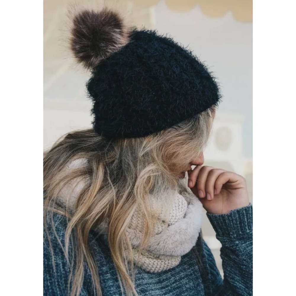 Black Faux Mohair Soft Knit Pompom Beanie Hat